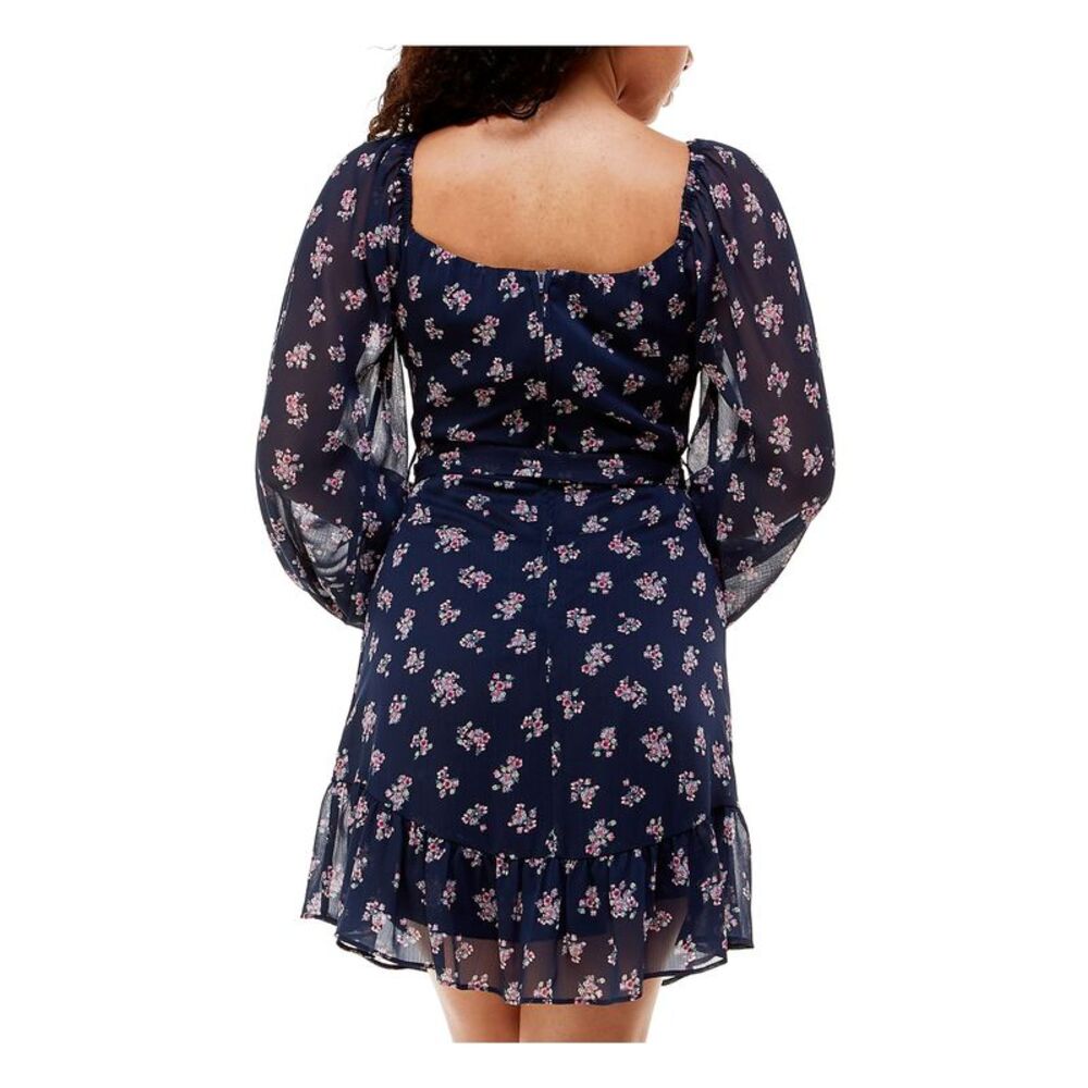 B DARLIN Womens Short Dress Navy Balloon Sleeve Tie Sleeves Juniors 1\2 - Picture 2 of 4